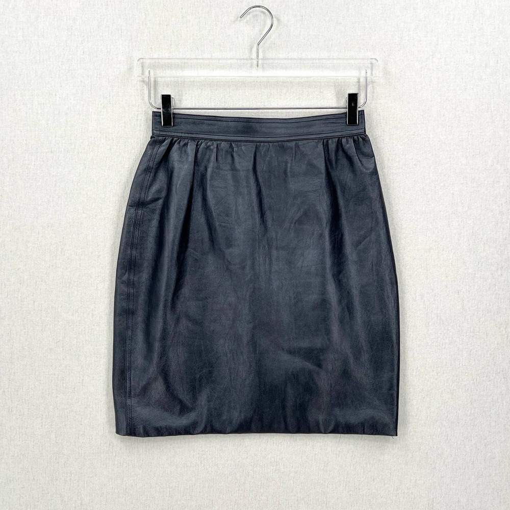 VINTAGE UNGARO PARALLELE PARIS Leather Skirt Womens Small XS Blue Metallic - Picture 1 of 13